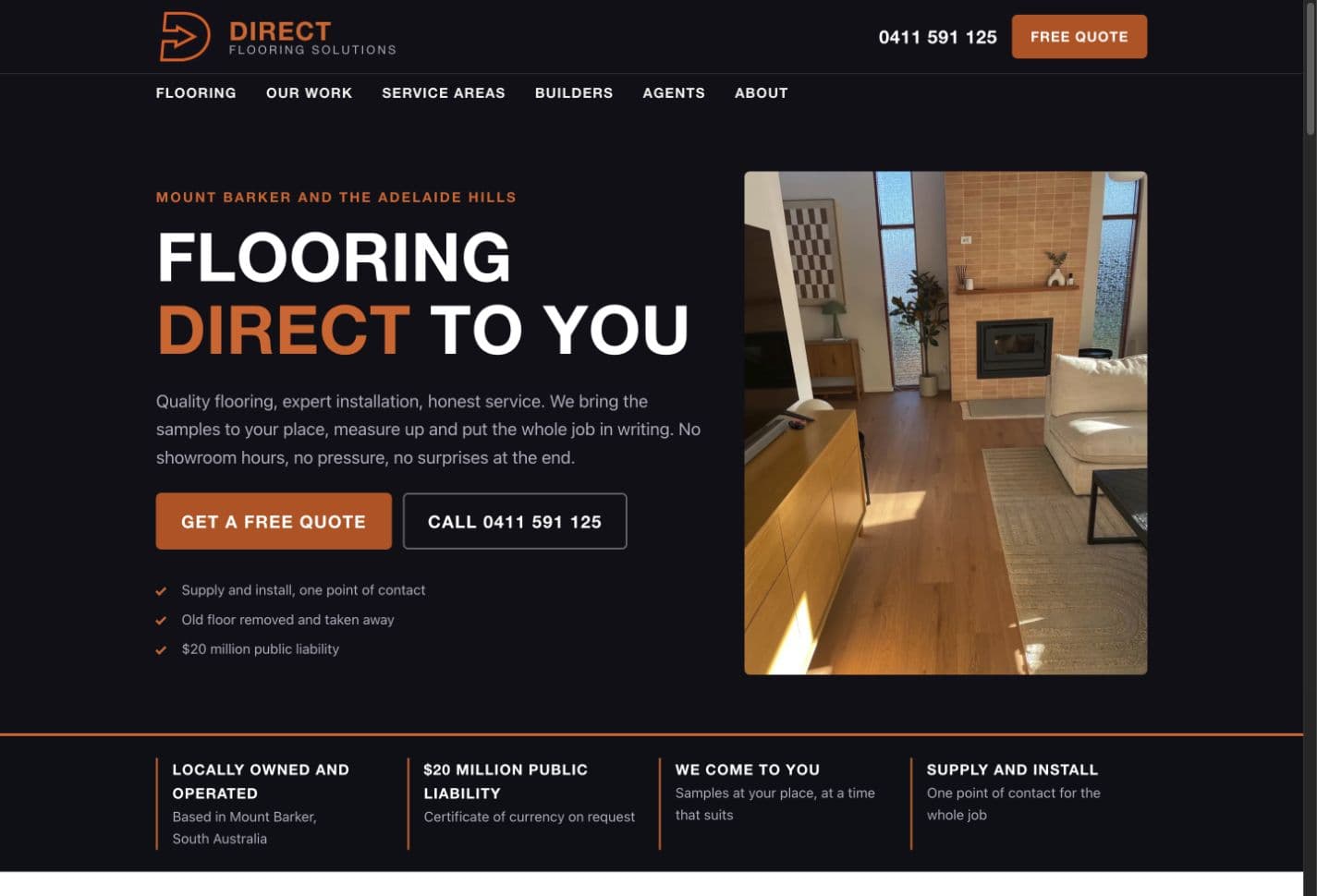 Desktop preview of Direct Flooring Solutions, with its Flooring direct to you headline and a completed flooring project.