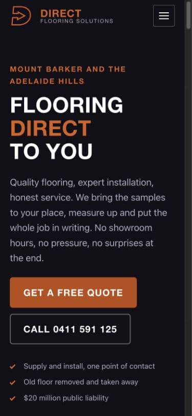 The same Direct Flooring Solutions build on a mobile screen.